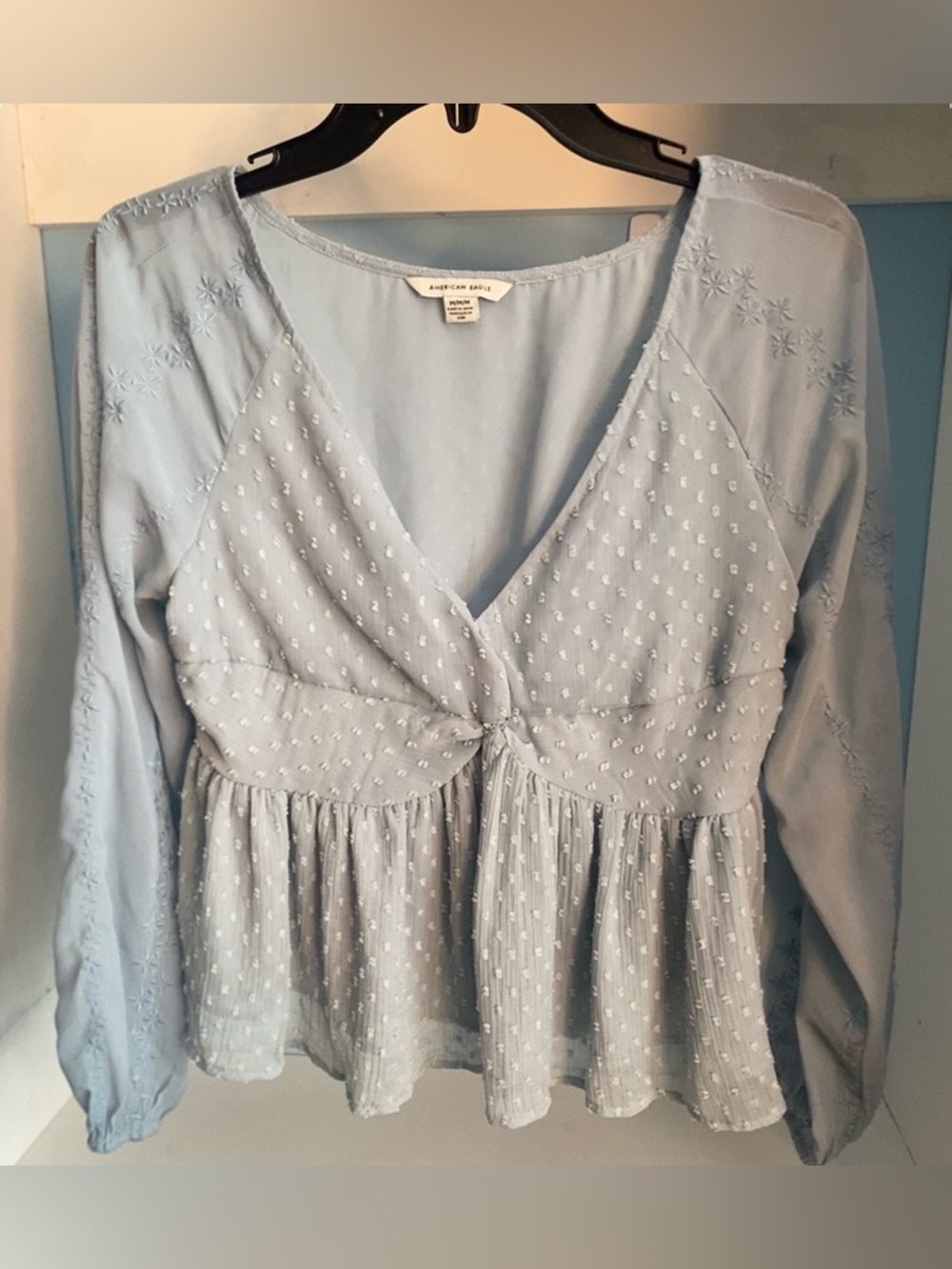 AE Outfitters coquette polkadot V-neck peplum blouse Swiss dot cottagecore M